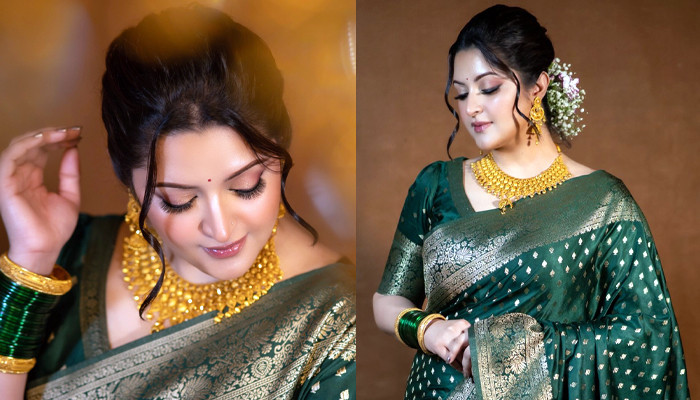 বেনারসি শাড়ি ও ভারী গহনায় নজর কাড়লেন পরীমণি